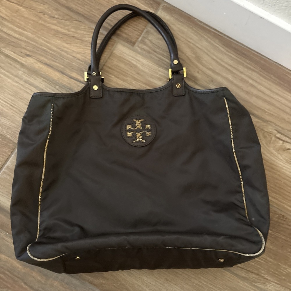 Tory Burch Brown Nylon Ella Tote Bag Eel Pattern Lining Large Gold Hardware